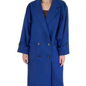 Vintage 1980s Womens International Scene Royal Blue Wool Long Trench Coat Sz L